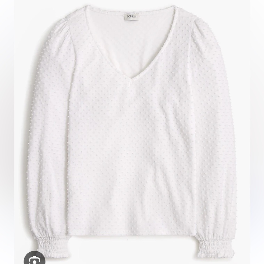 J. Crew NWT Women's V-neck Clip Dot Long Sleeve Top in White Size Large Preppy